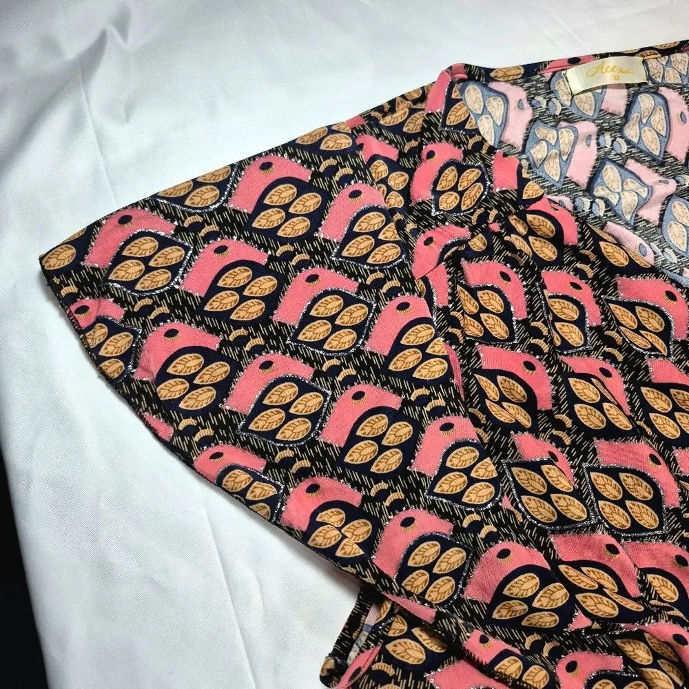 ACE Fashion Boho Peasant Blouse Tunic Top Pink Black Gold Smocked Waist V-Neck L - Picture 5 of 6